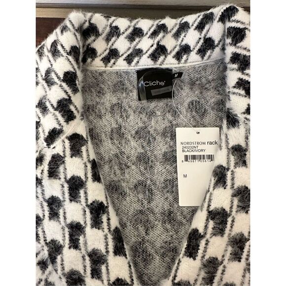 NWT, CLICHÉ Edgy Abstract Print wool blend Cardigan In Black/ivory size M - Picture 9 of 10